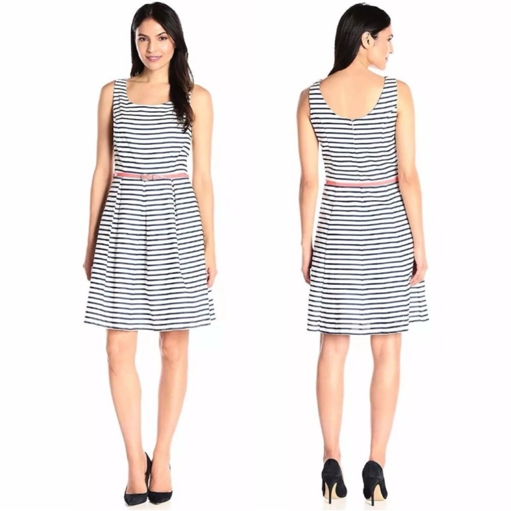 Tiana B. Black & White Cotton Striped Fit & Flare Sleeveless Lined Dress…